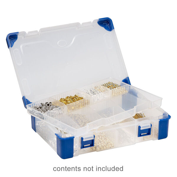 Organizer, acrylic and rubber, clear and blue, 9 x 6-1/4 x 2-1/4 inch rectangle with tray insert, 3-9 adjustable compartments. Sold individually. image number 0