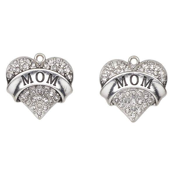 Charm, antique silver-finished enamel "pewter" (zinc-based alloy) and glass, clear and black, 24x23mm heart with "Mom". Sold per pkg of 2. image number 0