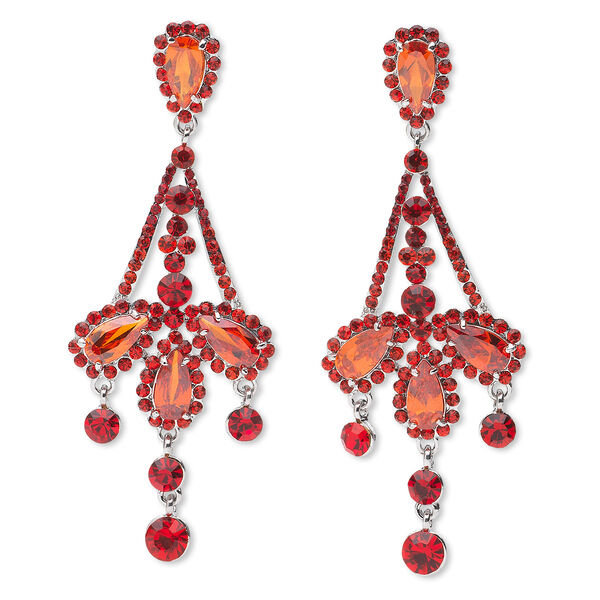 Earring, imitation rhodium-finished "pewter" (zinc-based alloy) / Czech glass rhinestones / acrylic, red, 88x34mm drop, earnuts included. Sold per pair. image number 0