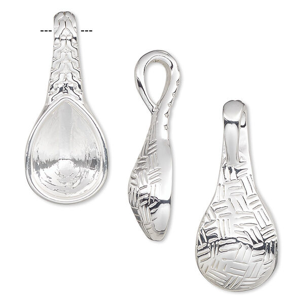 Pendant, Almost Instant Jewelry®, silver-plated "pewter" (zinc-based alloy), 28x12mm two-sided textured teardrop with 14x10mm pear setting. Sold per pkg of 2. image number 0