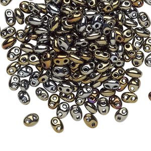 Seed bead, Preciosa Twin™ Czech glass, pkg/250g, 5x2.5mm oval, opaque gold iris black, (59115).