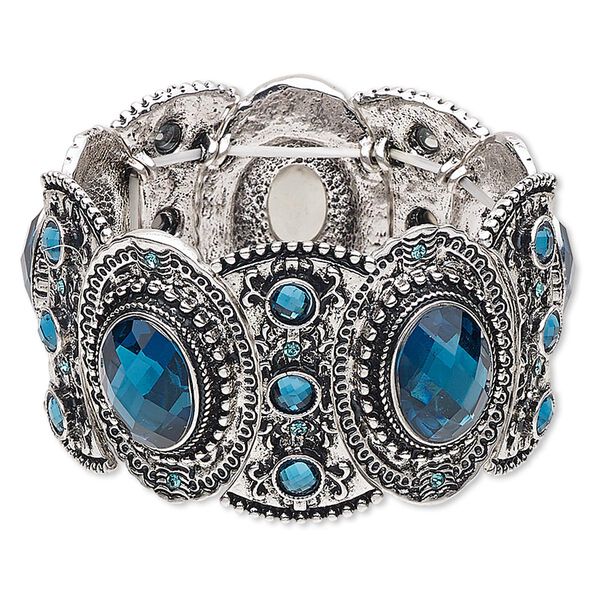 Bracelet, stretch, acrylic and antique silver-finished "pewter" (zinc-based alloy), blue, 38mm wide with oval design, 6 inches. Sold individually. image number 0