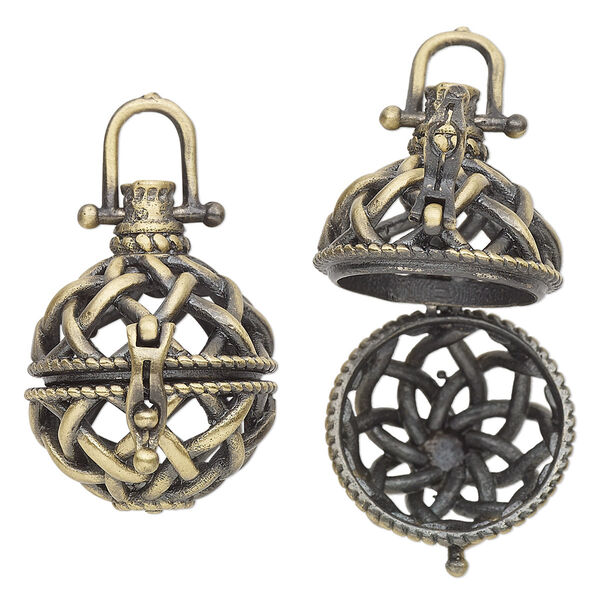 Drop, antique brass-finished brass, 27x20mm round bead cage with cutout woven design and safety latch, fits up to 15mm bead. Sold individually. image number 0