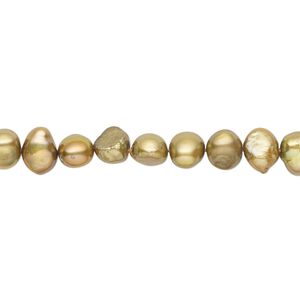Pearl, cultured freshwater (dyed), golden olive, 6-7mm flat-sided potato with 0.4-0.6mm hole, D grade, Mohs hardness 2-1/2 to 4. Sold per 15-inch strand.