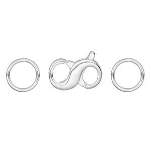 Clasp lobster claw 1pkg4 silver-plated, 16x9mm infinity / 10mm closed jump ring, brass 1-strand