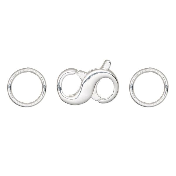 Clasp, lobster claw, silver-plated brass, 16x9mm double-ended infinity with (2) 10mm closed jump rings. Sold per pkg of 4. image number 0