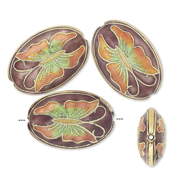 Bead, cloisonné, gold-finished brass and enamel, orange/yellow/green/purple, 24x16x7mm oval with butterfly. Sold per pkg of 4. image number 0