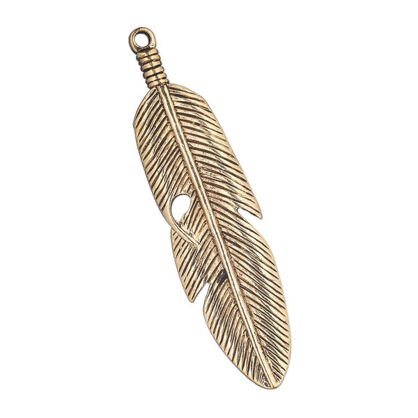 Focal, antique gold-finished "pewter" (zinc-based alloy), 57x16mm double-sided feather. Sold per pkg of 4. image number 0