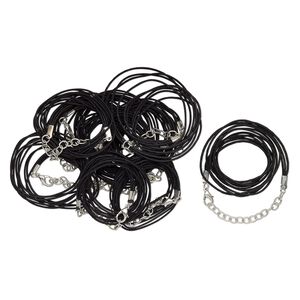 Necklace cord, waxed cotton and silver-finished brass, black, 1.2mm round, 16 inches with 2-inch extender chain and lobster claw clasp. Sold per pkg of 10.