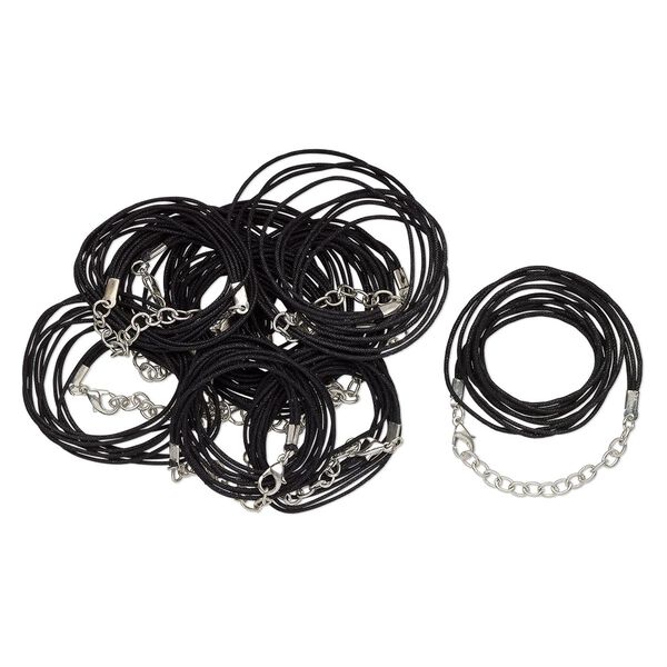 Necklace cord, waxed cotton and silver-finished brass, black, 1.2mm round, 16 inches with 2-inch extender chain and lobster claw clasp. Sold per pkg of 10. image number 0