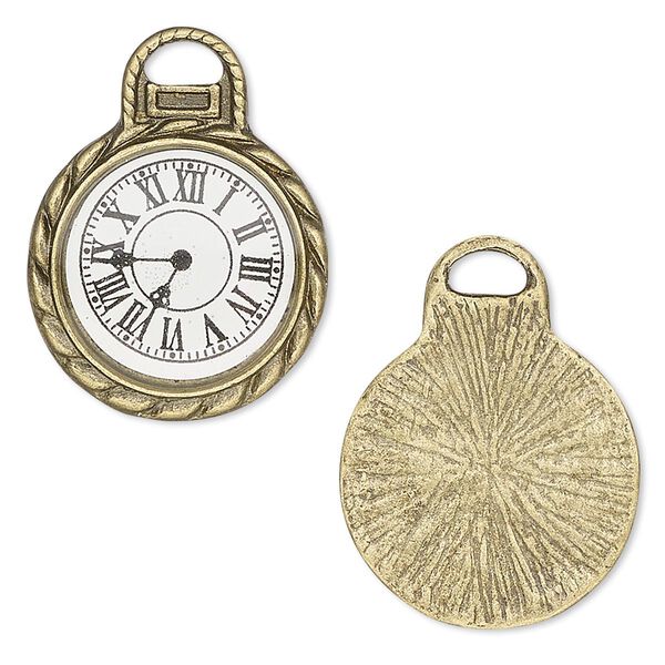 Charm, resin and antique brass-plated "pewter" (zinc-based alloy), white and black, 26x20mm single-sided pocket watch. Sold per pkg of 4. image number 0