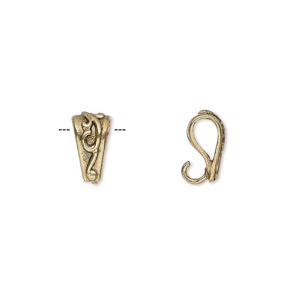 Bail, pendant, antiqued brass, 10x5mm triangle with swirl design and hidden loop. Sold per pkg of 2. image number 0