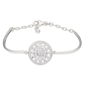 Bracelet, sterling silver and cubic zirconia, clear, 2mm wide with 20mm flat round and flower, 7 inches with 1-1/2 inch extender chain and lobster claw clasp. Sold individually.