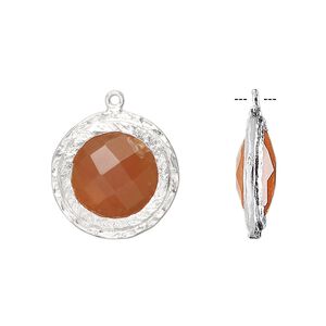Drop, carnelian (dyed / heated) and sterling silver, 17mm double-sided faceted round with hammered edge. Sold individually.