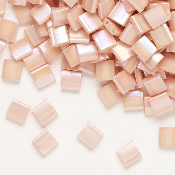 Seed bead, TILA®, glass, pkg/250g, 5mm full tila square, opaque luster rainbow light peach (TL-596-1). image number 0