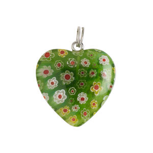 Component 1pkg1, silver-finished steel / millefiori glass, translucent green / multicolored, 22-23mm puffed heart.