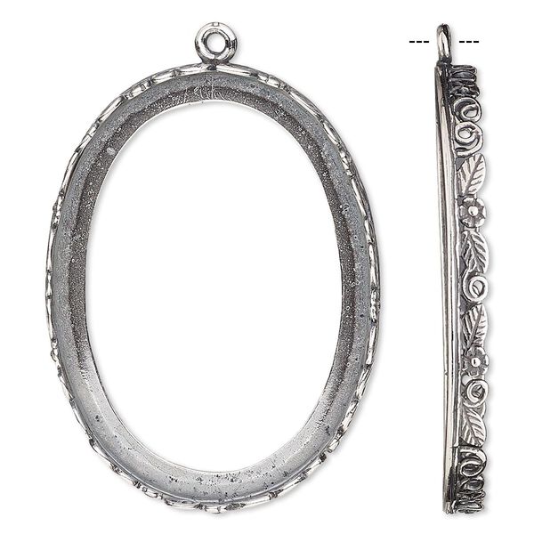Focal, JBB Findings, antique silver-plated brass, 42x32mm oval with open back and flower and leaf design trim, 40x30mm oval bezel setting. Sold individually. image number 0