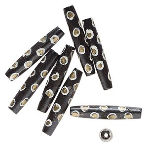 Bead, bone (dyed), black / white / gold, 36x7mm-35x6mm hand-painted tube with spotted design. Sold per pkg of 8.