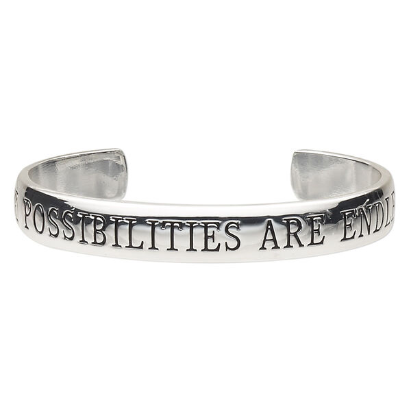 Bracelet, cuff, silver-plated brass, 11mm wide with "THE POSSIBILITIES ARE ENDLESS," 7 inches. Sold individually. image number 0