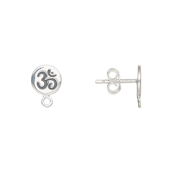 Earstud, antiqued sterling silver, 8mm round with Om design and loop. Sold per pair. image number 0