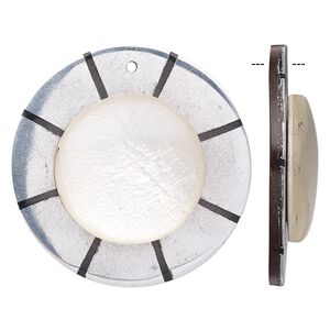 Focal, wood / Capiz shell / resin / aluminum (natural / assembled), clear, 36mm single-sided flat round with lines. Sold individually.