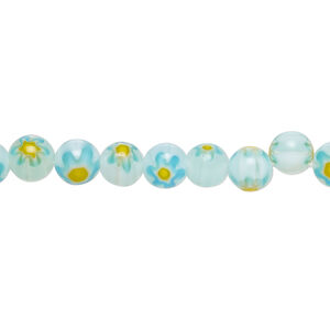 Bead, millefiori glass 1pkg1, translucent sky blue / white / yellow-orange, 6mm round, 15 inches.