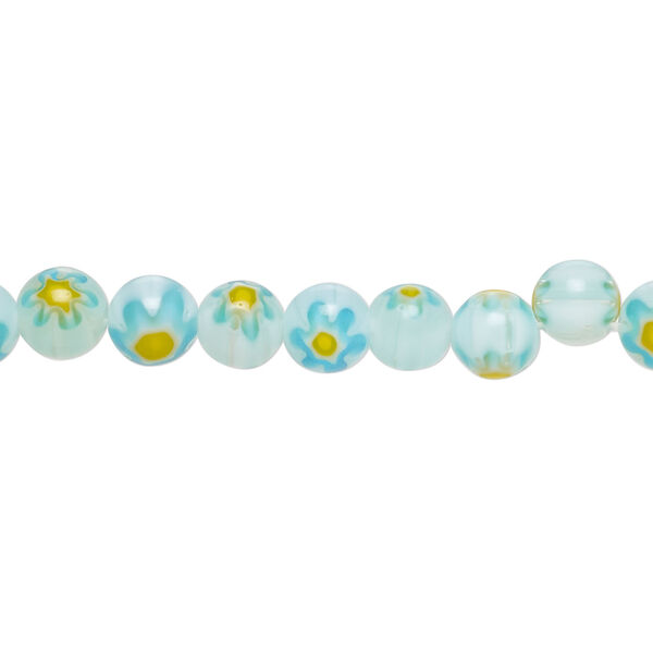 Bead, millefiori glass 1pkg1, translucent sky blue / white / yellow-orange, 6mm round, 15 inches. image number 0