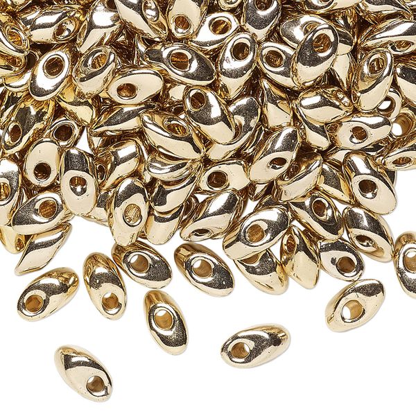 Seed bead, Miyuki, glass, pkg/4g, 7x4mm long magatama, opaque 24Kt gold-plated, (LMA-193). image number 0