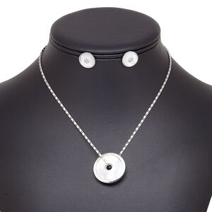 Necklace and earring set, black lip shell (natural) / glass rhinestone / stainless steel / imitation rhodium-plated brass / steel / "pewter" (zinc-based alloy), clear, 26mm round donut, 15" to 16" necklace with 2-inch extender chain and lobster claw clasp, 14mm round with post. Sold per set.