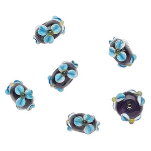 Bead, lampworked glass 1pkg6, opaque multicolored, 19x11mm rondelle with flowers.