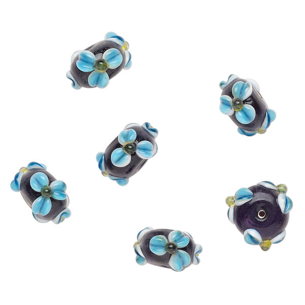 Bead, lampworked glass 1pkg6, opaque multicolored, 19x11mm rondelle with flowers. image number 0