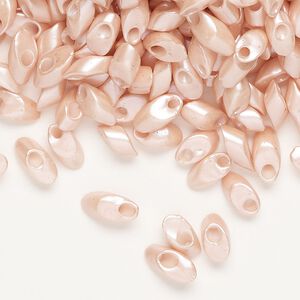 Seed bead, Miyuki, glass, pkg/250g, 7x4mm long magatama, opaque luster light salmon (LMA-429-1).
