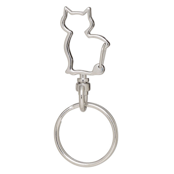 Key ring, imitation rhodium-finished brass and steel, 62x25.5mm overall with 27x20mm self-closing cat on a swivel and 25.5mm split ring. Sold per pkg of 5. image number 0