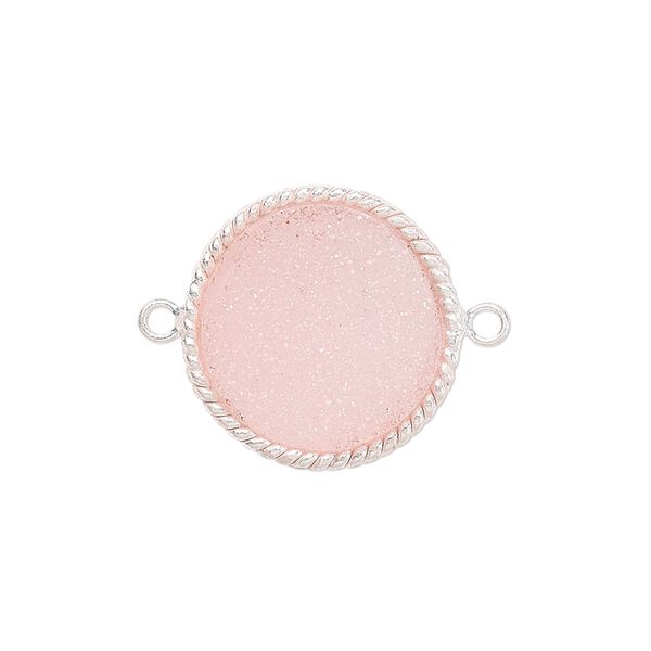 Link, druzy agate (dyed) and sterling silver, pink, 17-19mm hand-cut single-sided flat round with twisted wire design. Sold individually. image number 0
