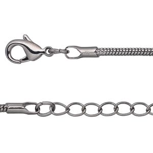 Chain, gunmetal-plated brass, 2mm snake, 36 inches with 1-inch extender chain and lobster claw clasp. Sold per pkg of 2.