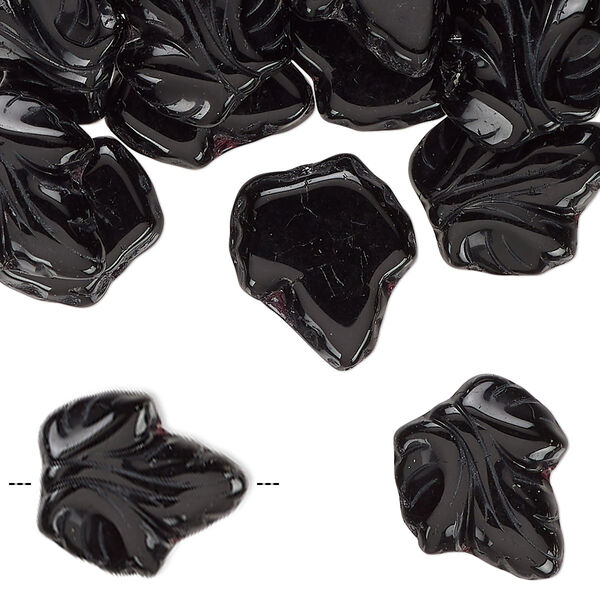 Bead, Czech pressed glass, opaque black, 16x14mm textured leaf. Sold per 2-ounce pkg, approximately 45 beads. image number 0