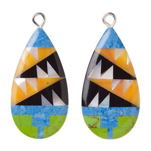 Drop, mother-of-pearl shell / resin / silver-finished copper, multicolored, 28x14mm single-sided right- and left-facing flat teardrop. Sold per pkg of 2.