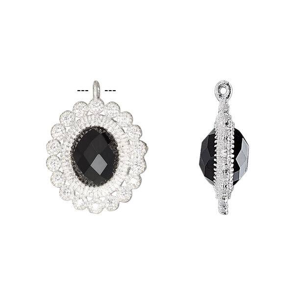 Drop, black onyx (dyed) / cubic zirconia / sterling silver, clear, 17x15mm single-sided faceted oval. Sold individually. image number 0