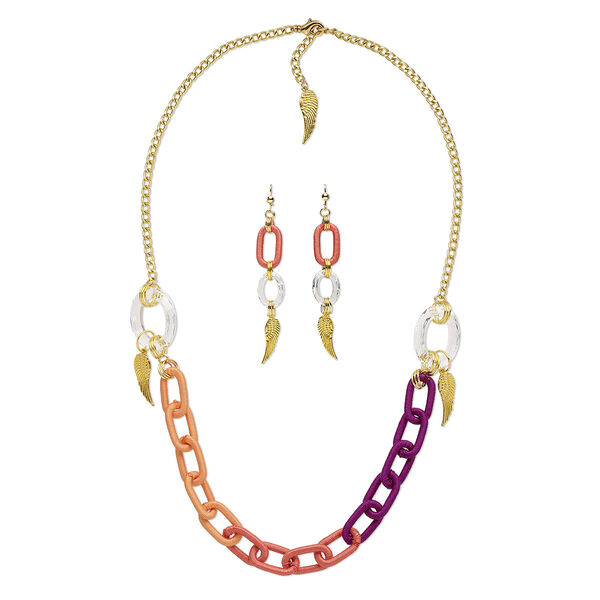 Necklace and earring set, One of a Kind Jewelry, gold-plated brass / crystal / thread, clear and sunset ombré, 28-inch necklace. Only one available. image number 0
