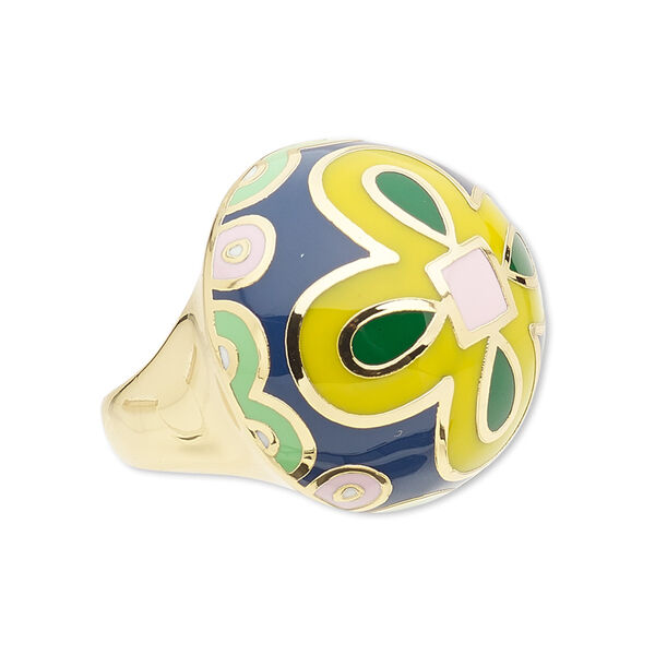 Ring, Avant-Garde Jewelry Collection, enamel and gold-plated brass, multicolored, 25mm domed round with flower design, size 8-1/2. Sold individually. image number 0