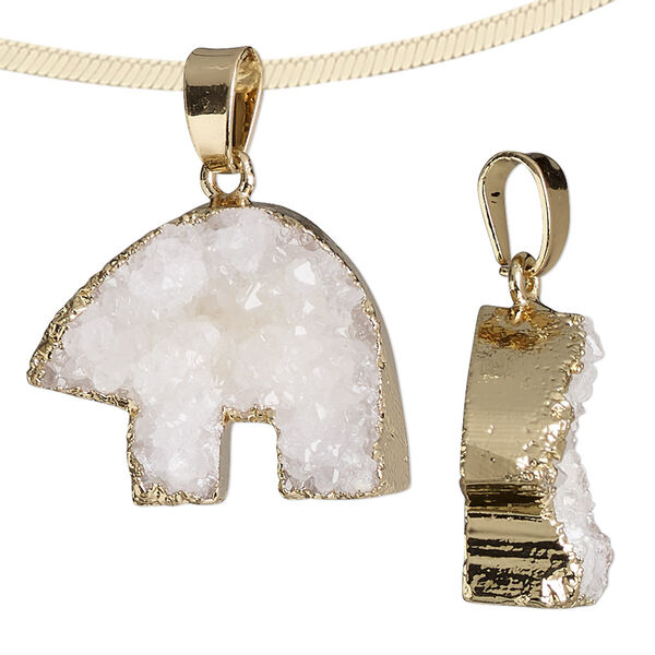 Pendant, druzy agate (natural) / gold-finished brass / steel, white, 24x18mm-27x25mm hand-cut single-sided zuni-style bear. Sold individually. image number 0