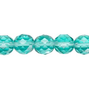 Bead, Czech fire-polished glass, transparent light aqua, 10mm faceted round. Sold per 15-1/2" to 16" strand, approximately 40 beads.
