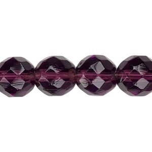 Bead, Czech fire-polished glass, pkg/15-1/2 to 16 inches, 12mm faceted round, transparent amethyst purple, (20060).
