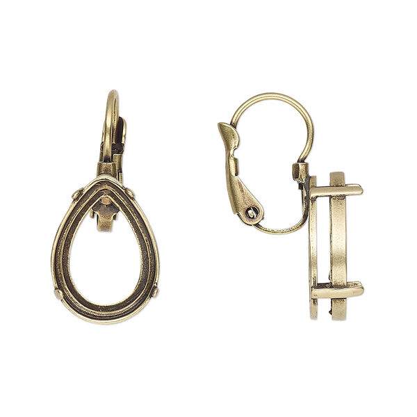 Ear wire, JBB Findings, antique brass-plated brass, 24mm leverback with open back and 4-prong pear setting. Sold per pair. image number 0