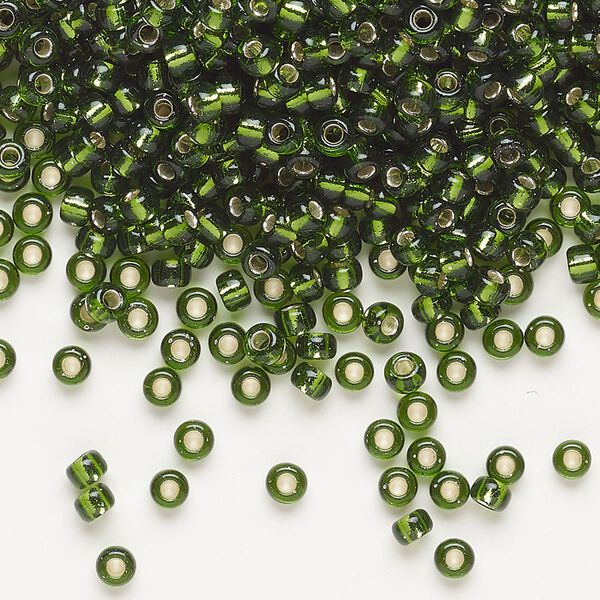 Seed bead, Miyuki, glass, pkg/50g, #8 rocaille, transparent silver-lined olive green (RR-26). image number 0