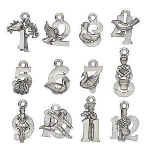 Charm, antiqued pewter (tin-based alloy), assorted double-sided Twelve Days of Christmas theme. Sold per 12-piece set.