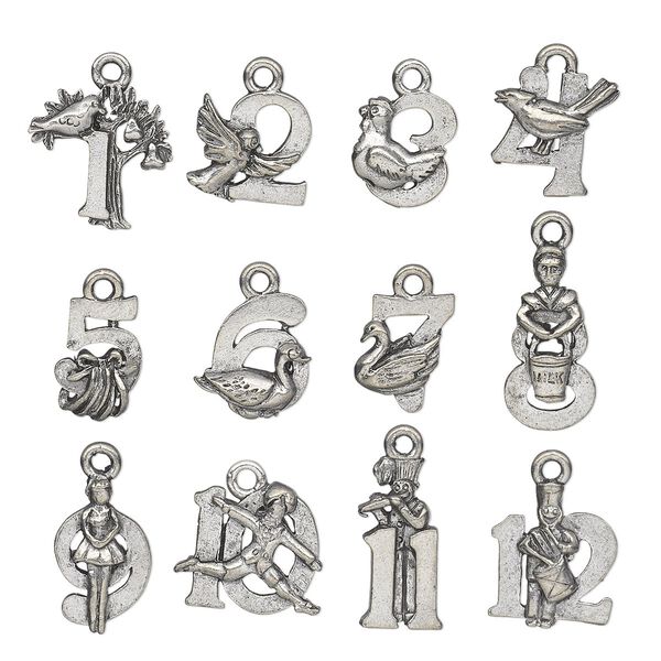 Charm, antiqued pewter (tin-based alloy), assorted double-sided Twelve Days of Christmas theme. Sold per 12-piece set. image number 0