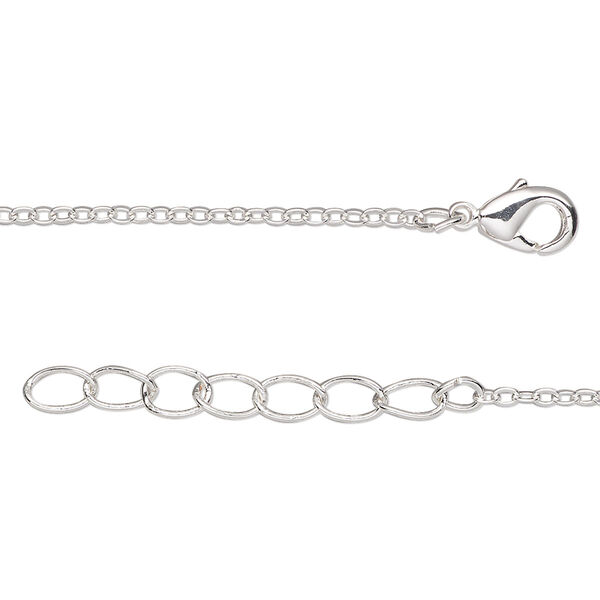 Chain, silver-finished brass, 1.5-1.7mm cable, 20 inches long with 1-1/4 inch extender chain and lobster claw clasp. Sold per pkg of 2. image number 0