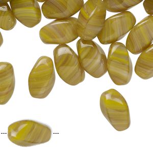 Bead, Czech pressed glass, opaque olivine and yellow, 13x7mm twisted 4-sided oval. Sold per 2-ounce pkg, approximately 60 beads.