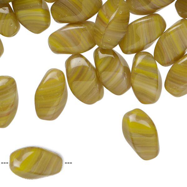 Bead, Czech pressed glass, opaque olivine and yellow, 13x7mm twisted 4-sided oval. Sold per 2-ounce pkg, approximately 60 beads. image number 0